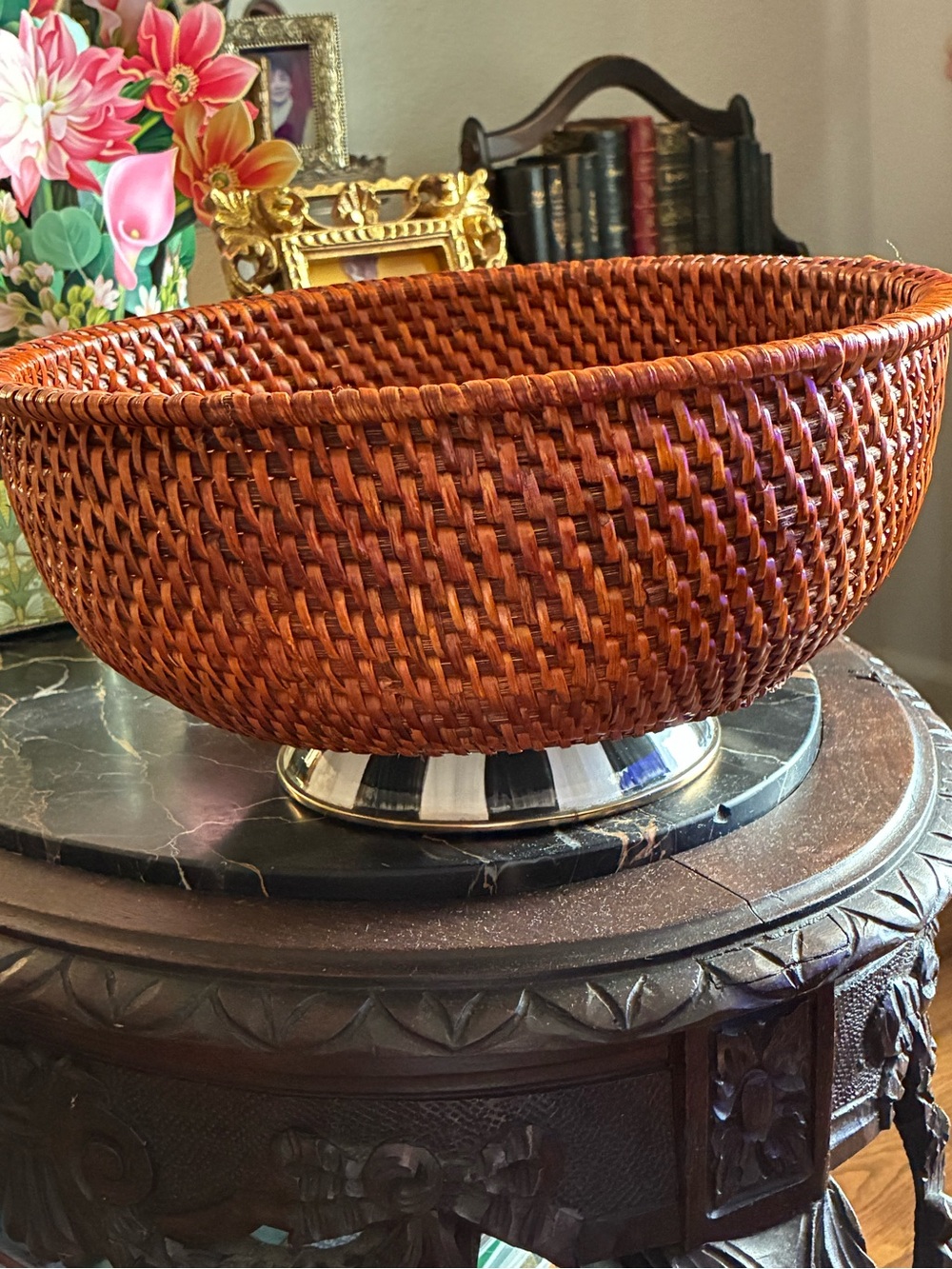 McKenzie Childs Courtly Check Wicker Bowl with Black & White Enamel Base